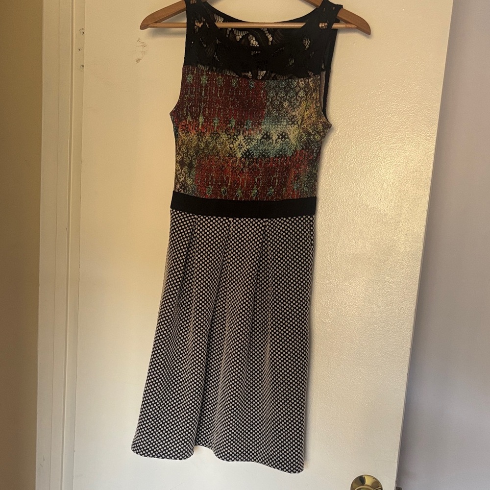 Weston Wear Multicolor Printed Bodice Black Lace Yoke Polka Dot Midi Dress